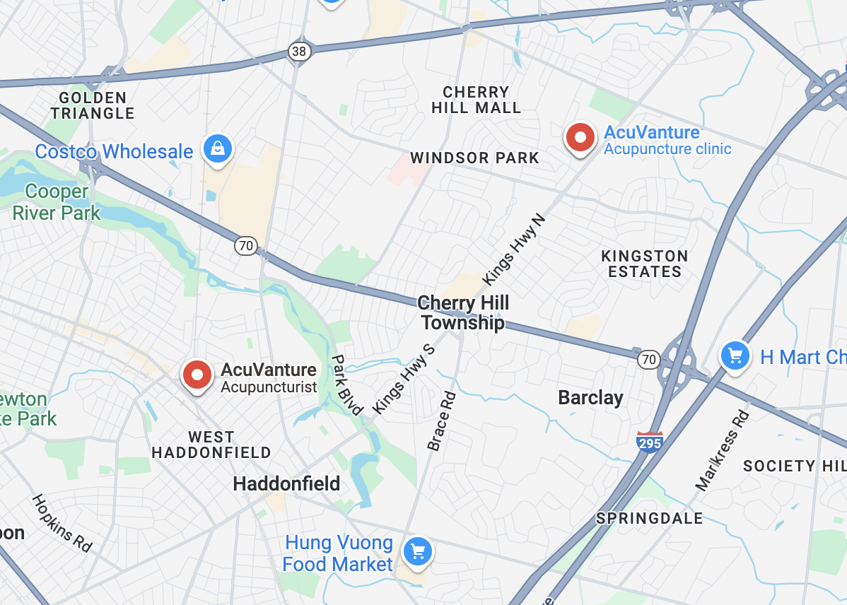 Image of a map of Haddonfield, NJ and Cherry Hill, NJ showing AvuVanture's business locations.